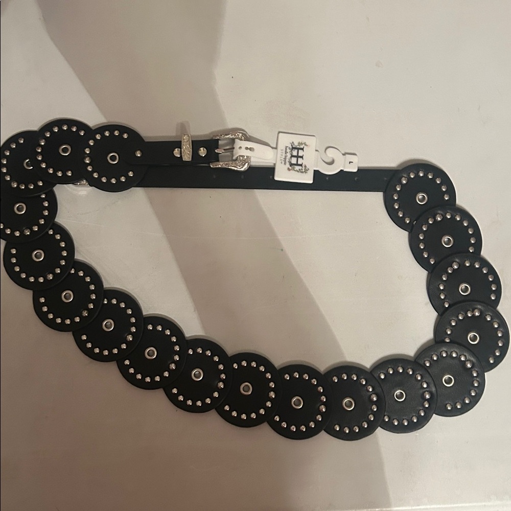 NWT Haute Hippie Black Circular Studded Belt with Silver Western Buckle